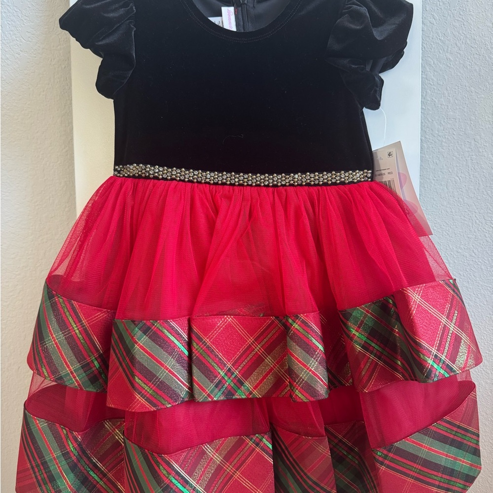 Bonnie Jean Girls Church Holiday Dress Black Velvet Top Red Tulle